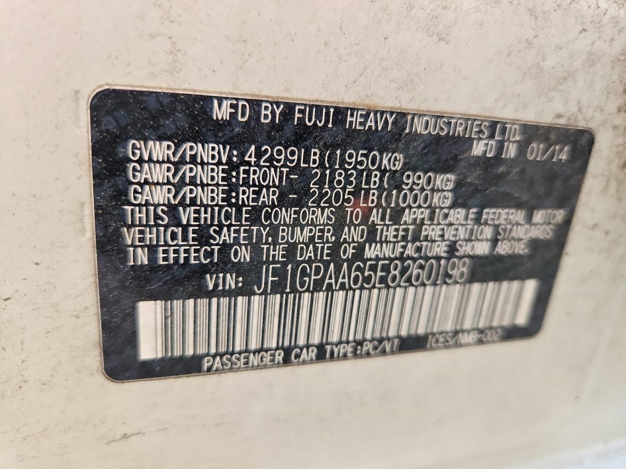 2014 Subaru Impreza White vin: JF1GPAA65E8260198