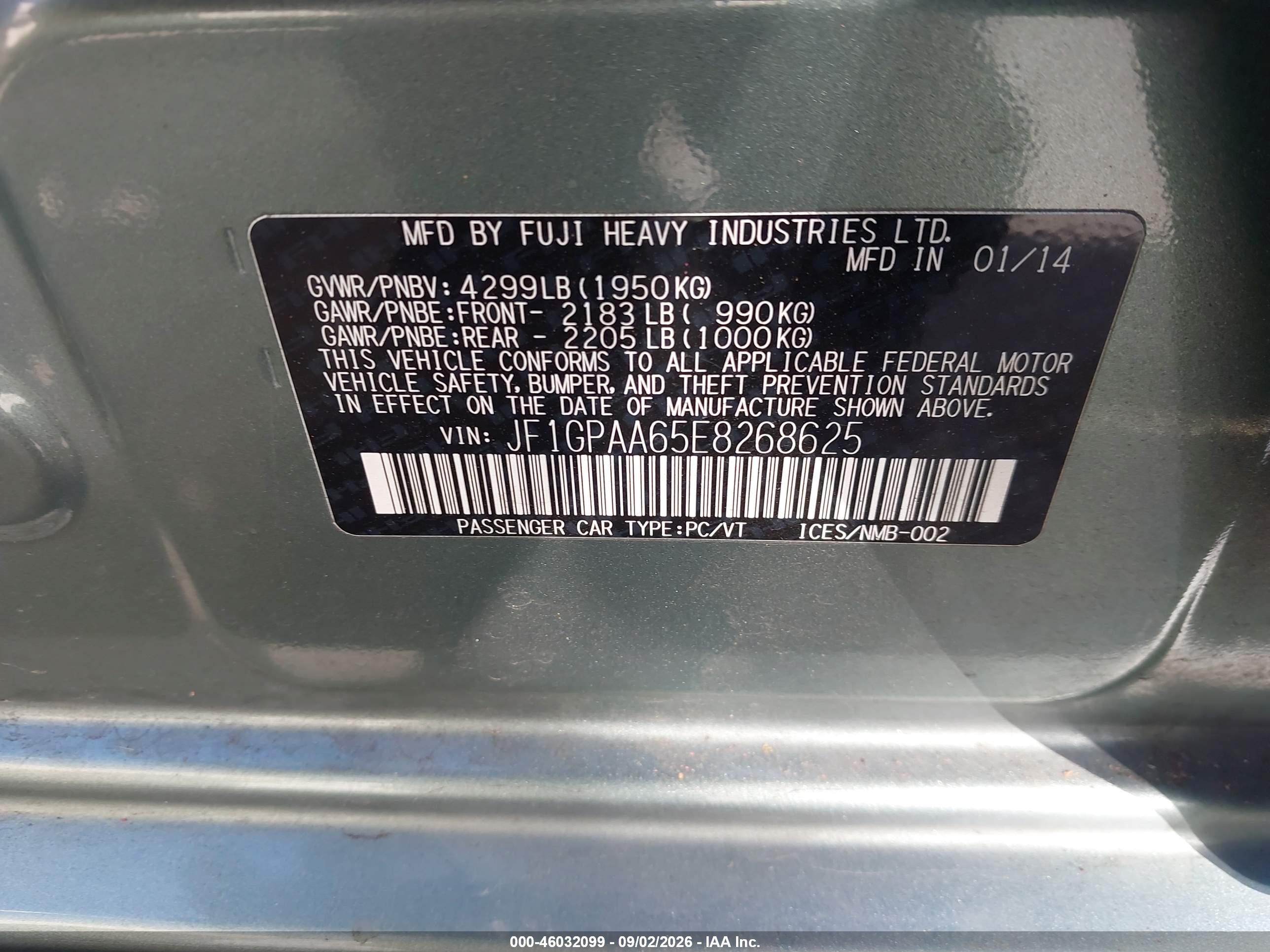2014 Subaru Impreza 2.0i Green vin: JF1GPAA65E8268625