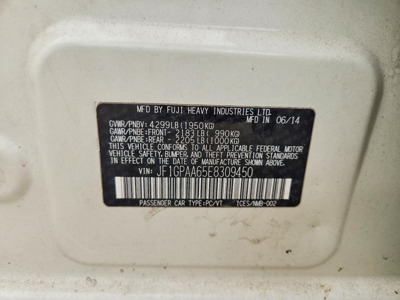 2014 Subaru Impreza White vin: JF1GPAA65E8309450