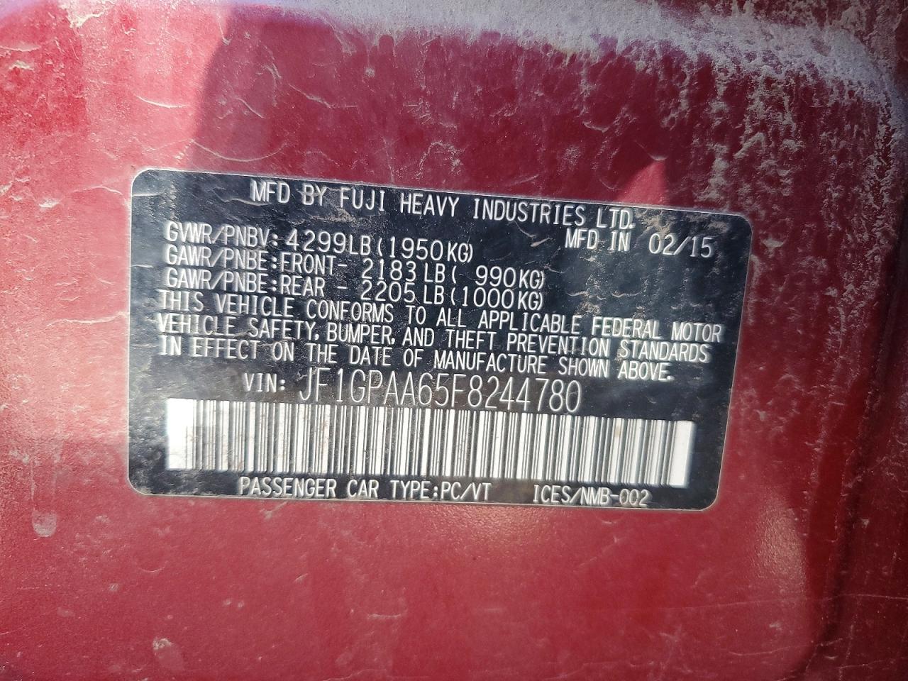 2015 Subaru Impreza Burgundy vin: JF1GPAA65F8244780