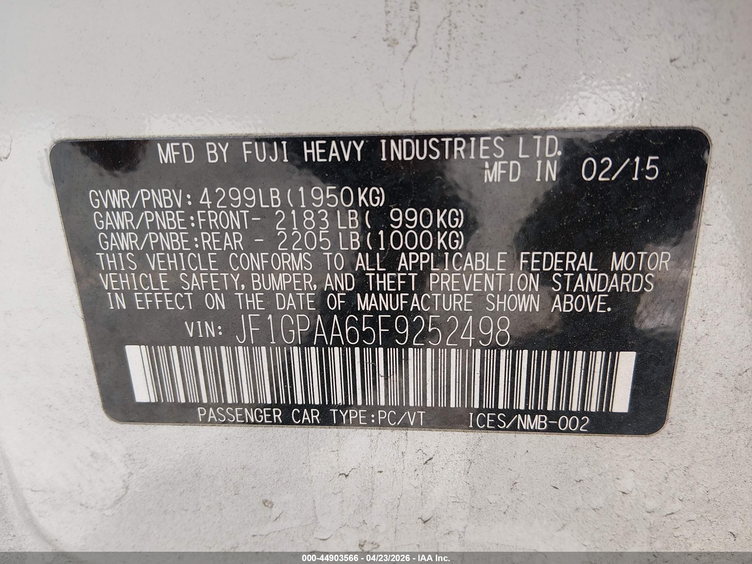 2015 Subaru Impreza 2.0i White vin: JF1GPAA65F9252498