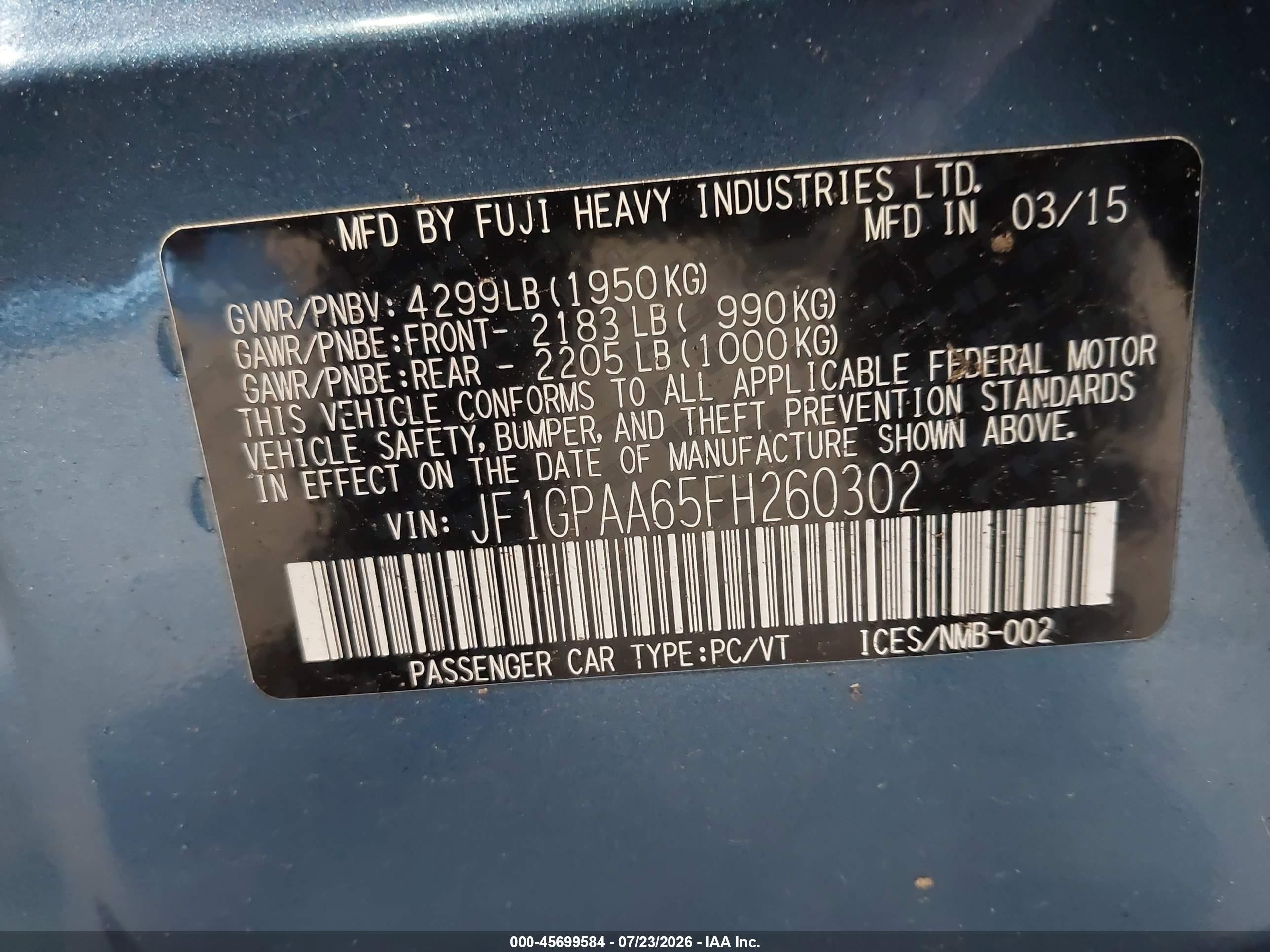 2015 Subaru Impreza 2.0i Синий vin: JF1GPAA65FH260302