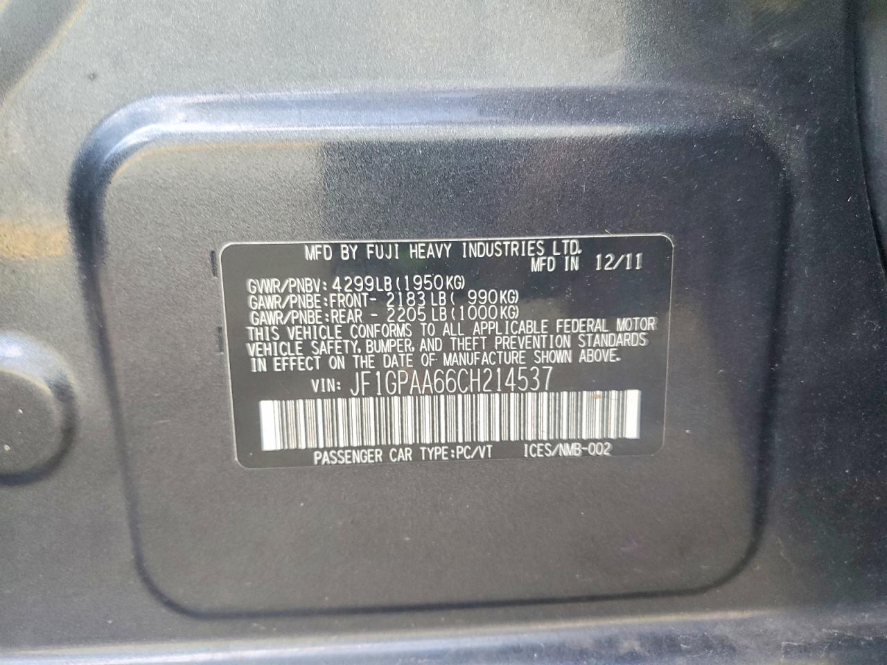 2012 Subaru Impreza Charcoal vin: JF1GPAA66CH214537