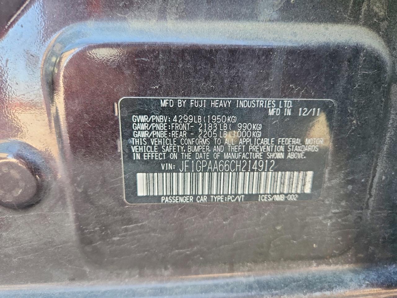 2012 Subaru Impreza Maroon vin: JF1GPAA66CH214912