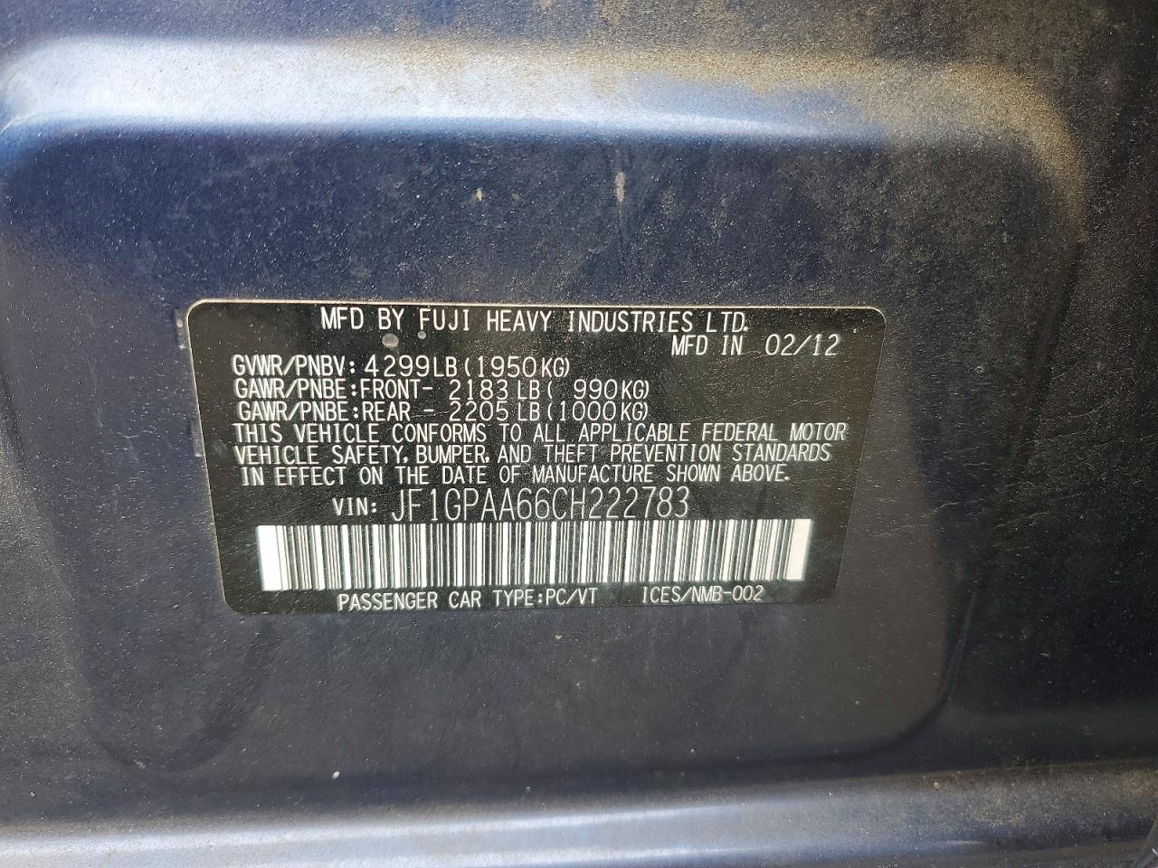 2012 Subaru Impreza Blue vin: JF1GPAA66CH222783