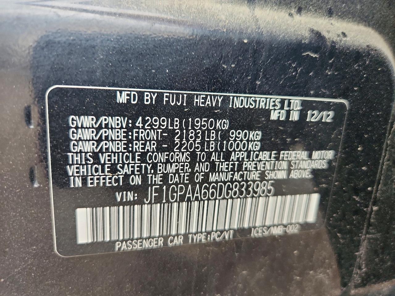 2013 Subaru Impreza Black vin: JF1GPAA66DG833985