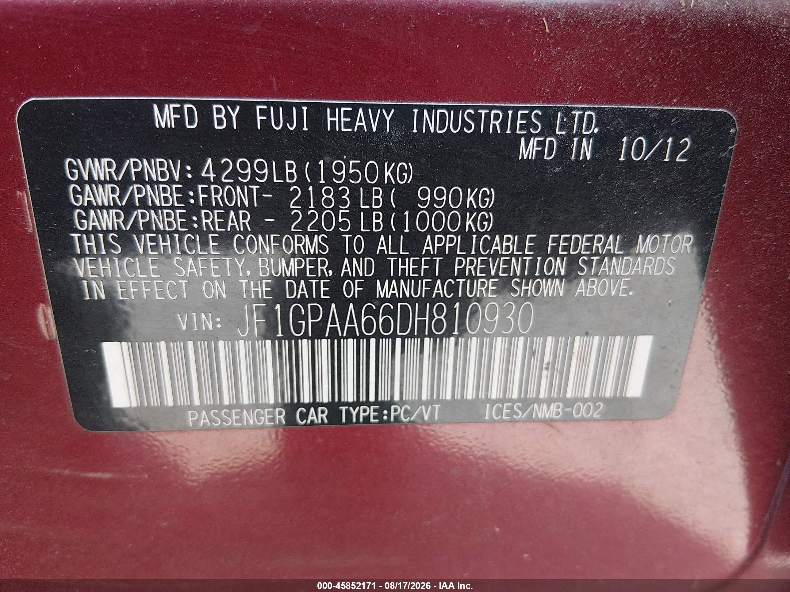 2013 Subaru Impreza 2.0i Red vin: JF1GPAA66DH810930