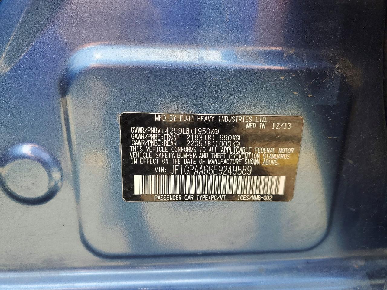 2014 Subaru Impreza Blue vin: JF1GPAA66E9249589