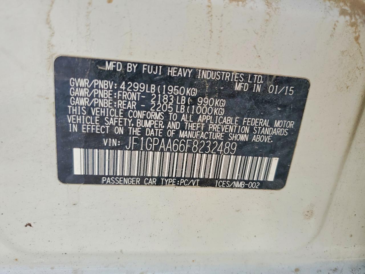 2015 Subaru Impreza White vin: JF1GPAA66F8232489