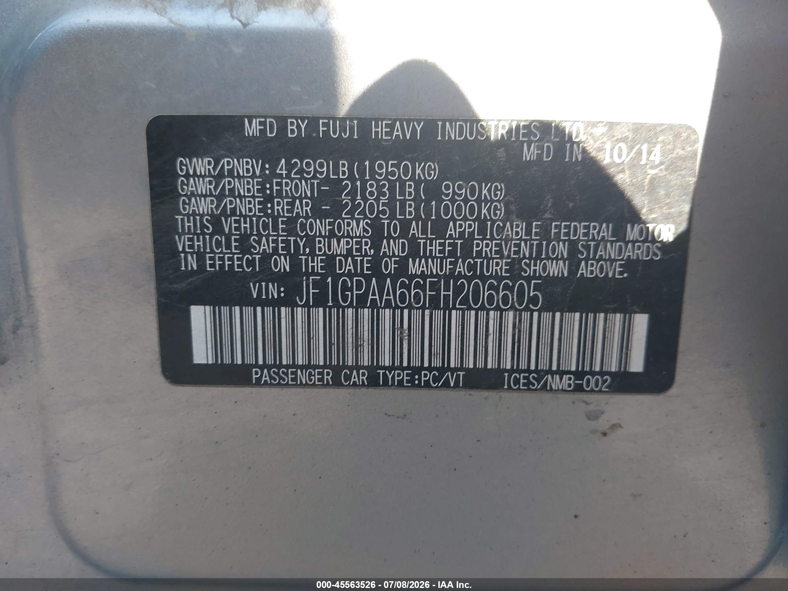 2015 Subaru Impreza 2.0i Silver vin: JF1GPAA66FH206605