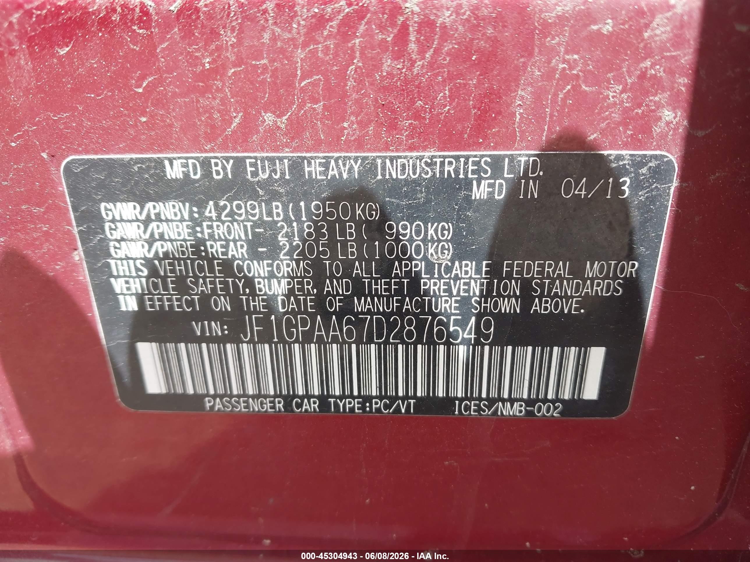 2013 Subaru Impreza 2.0i Burgundy vin: JF1GPAA67D2876549