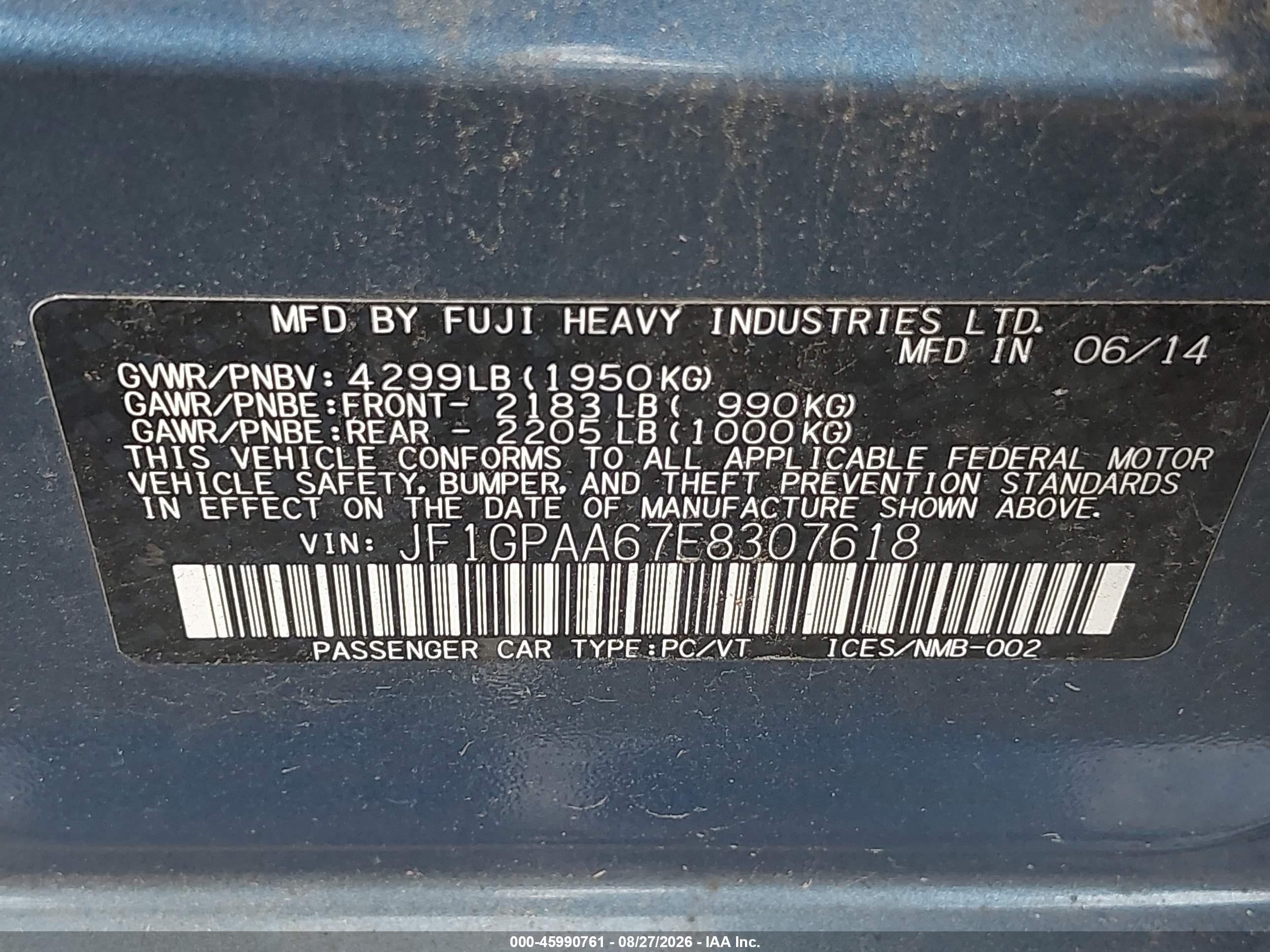 2014 Subaru Impreza 2.0i Blue vin: JF1GPAA67E8307618