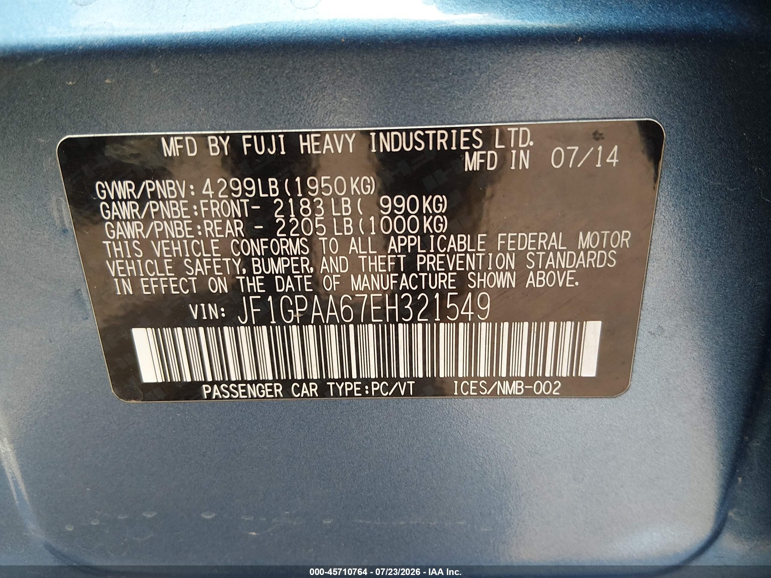 2014 Subaru Impreza 2.0i Blue vin: JF1GPAA67EH321549