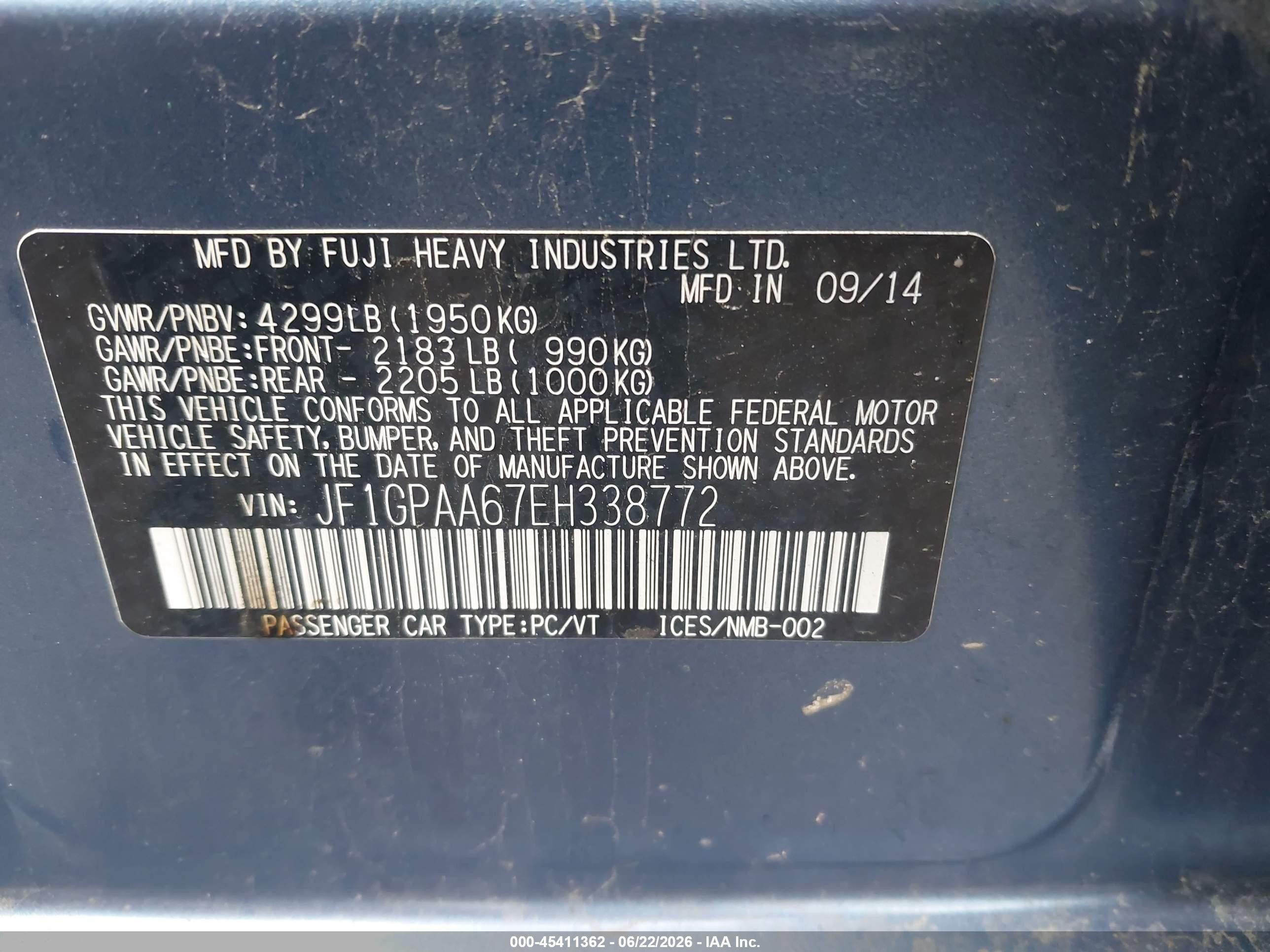 2014 Subaru Impreza 2.0i Blue vin: JF1GPAA67EH338772