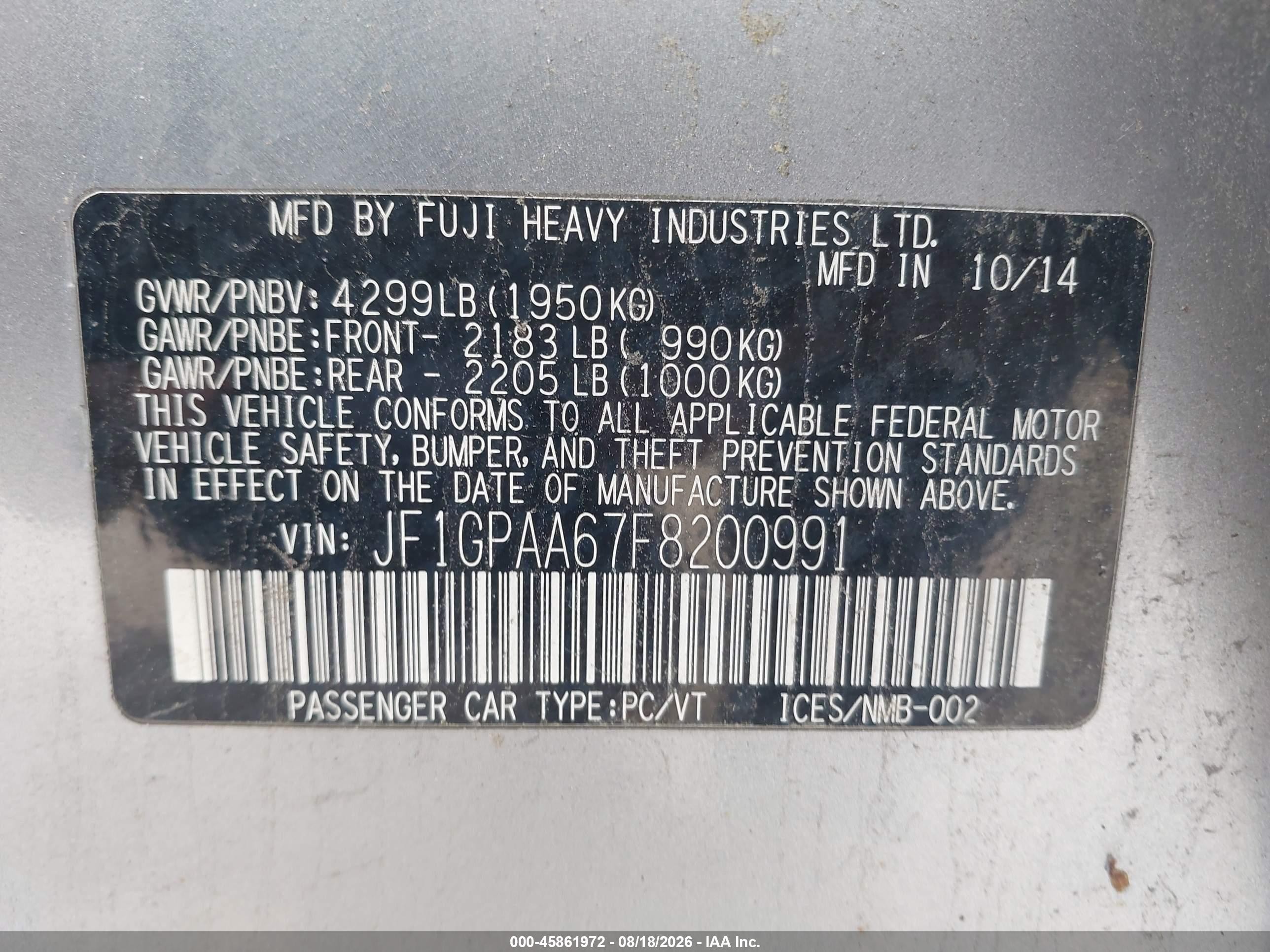 2015 Subaru Impreza 2.0i Silver vin: JF1GPAA67F8200991