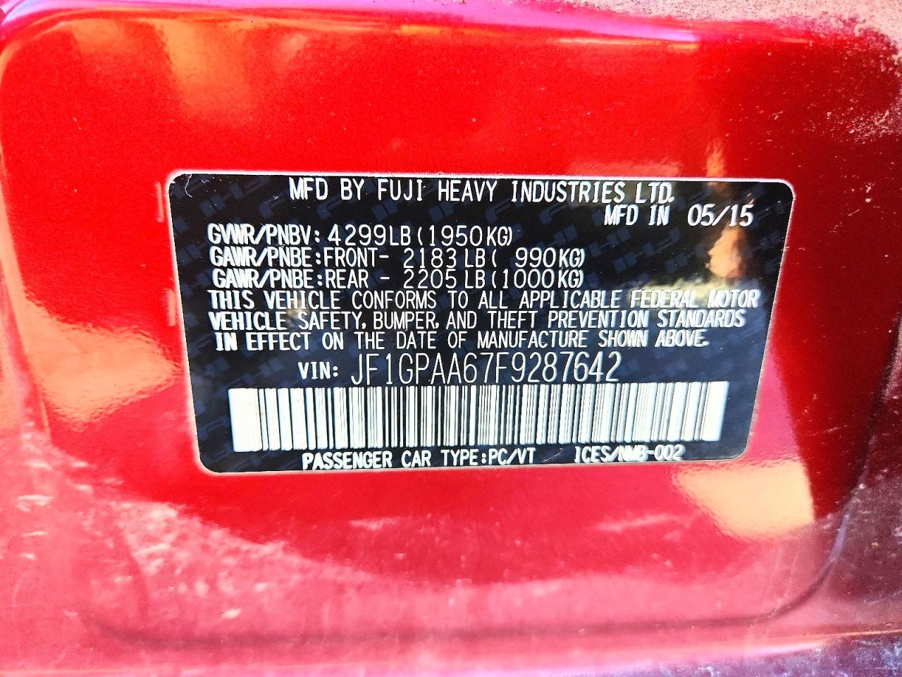 2015 Subaru Impreza Maroon vin: JF1GPAA67F9287642