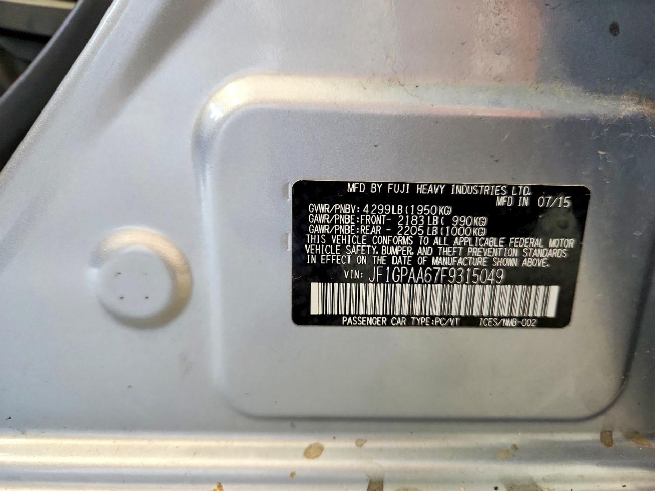 2015 Subaru Impreza Silver vin: JF1GPAA67F9315049