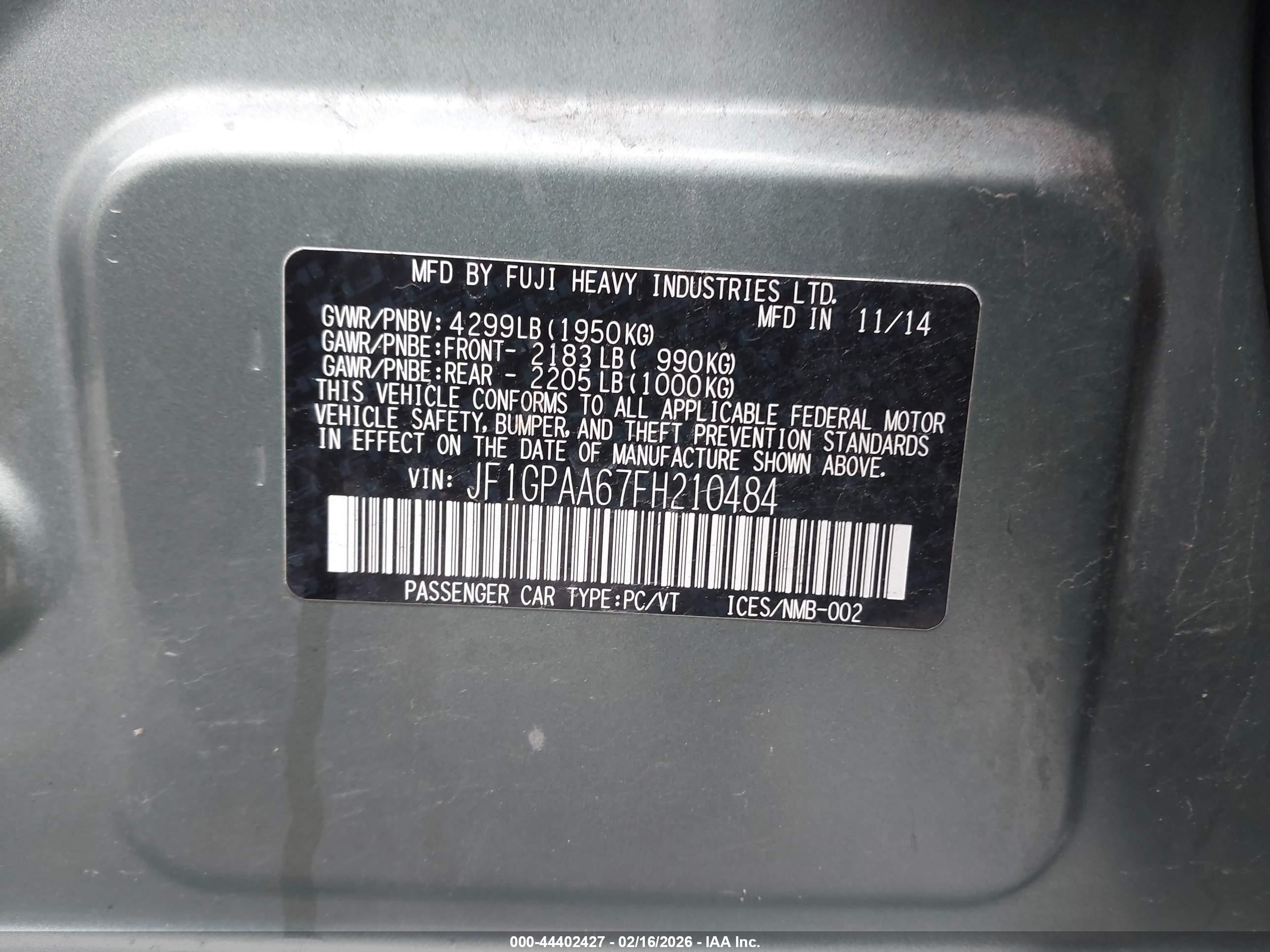 2015 Subaru Impreza 2.0i Green vin: JF1GPAA67FH210484