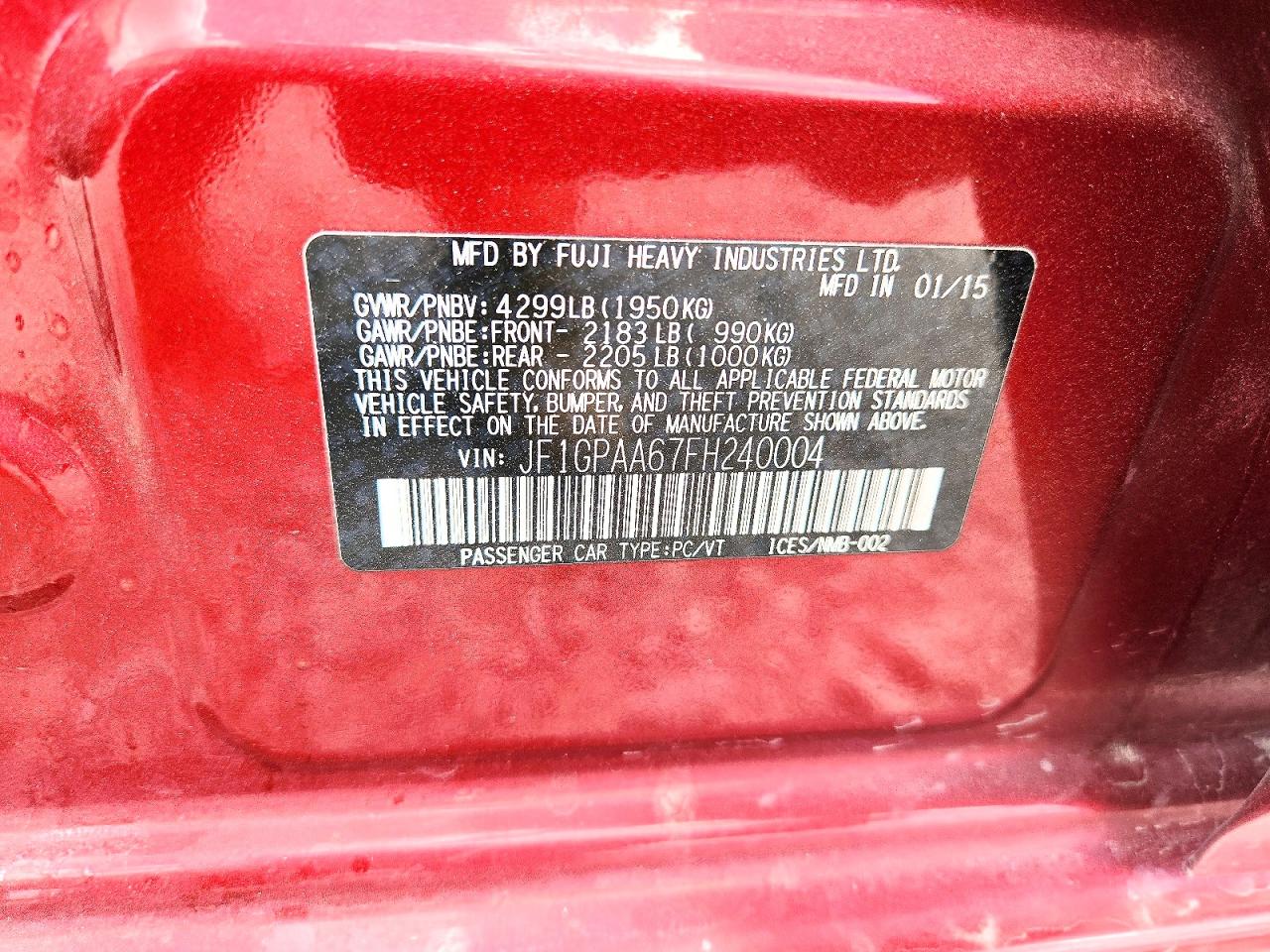 2015 Subaru Impreza Red vin: JF1GPAA67FH240004