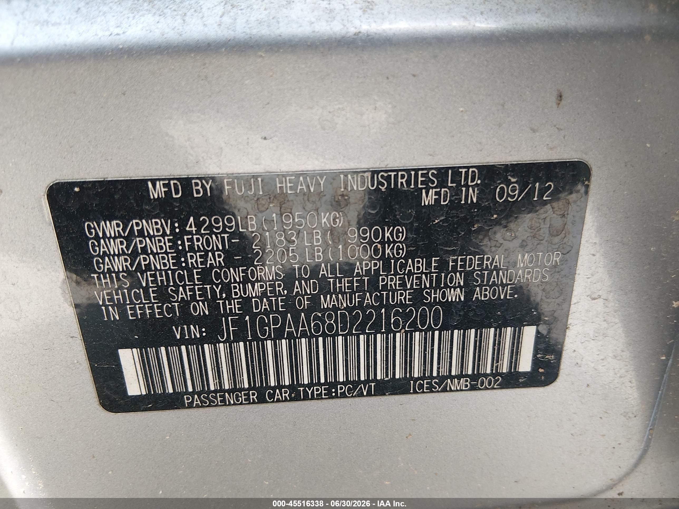 2013 Subaru Impreza 2.0i Silver vin: JF1GPAA68D2216200