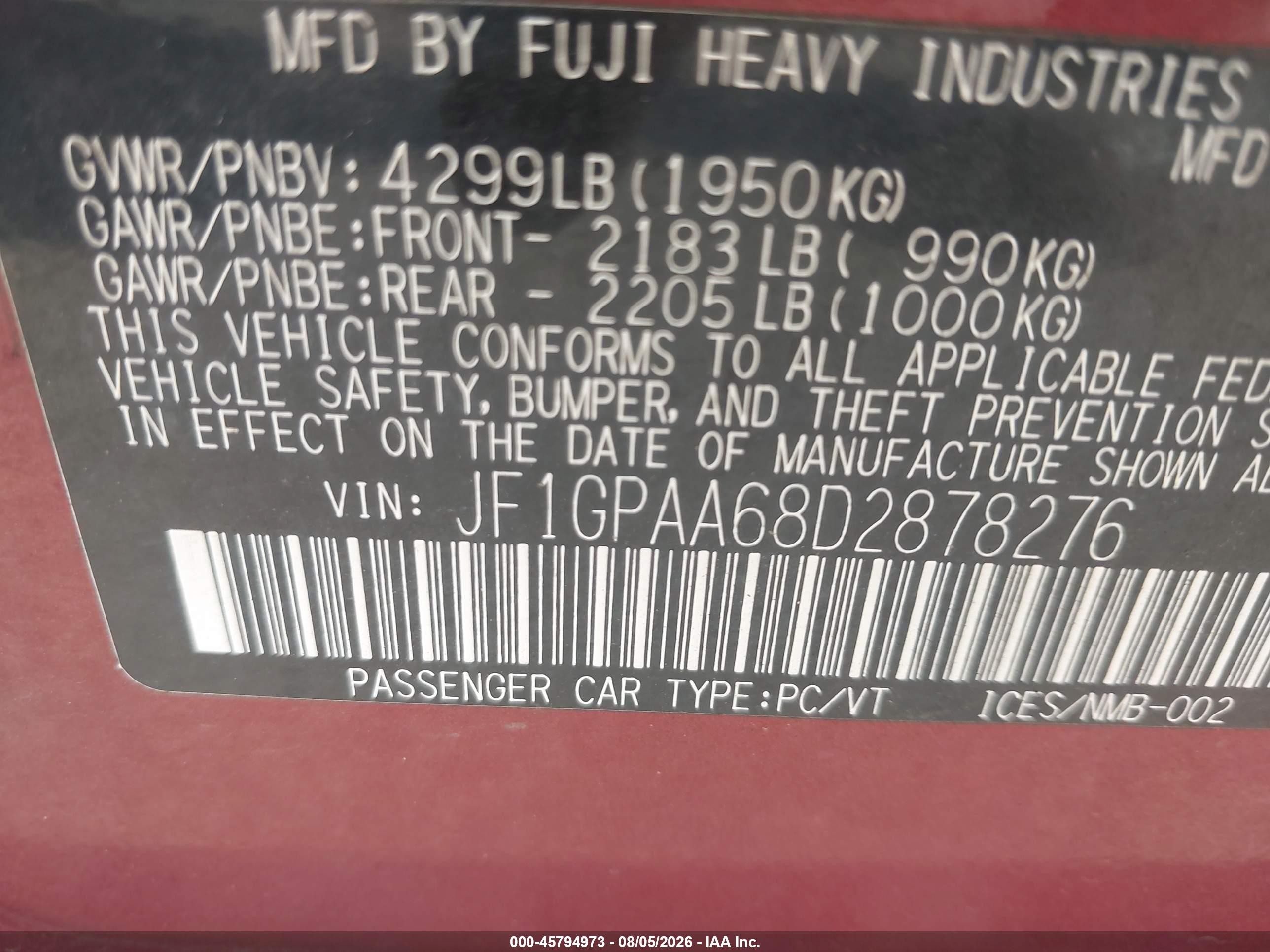 2013 Subaru Impreza 2.0i Red vin: JF1GPAA68D2878276