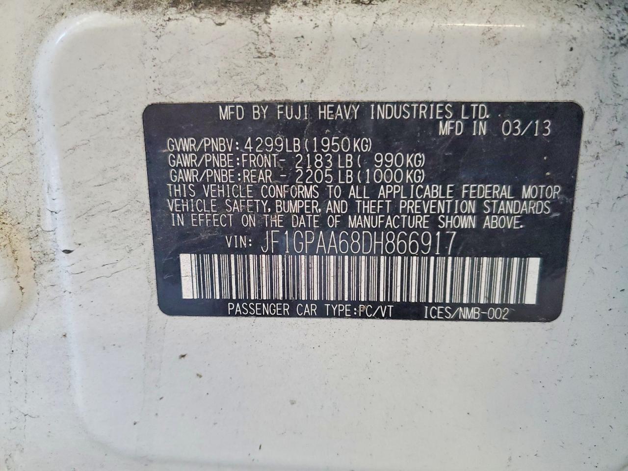 2013 Subaru Impreza White vin: JF1GPAA68DH866917