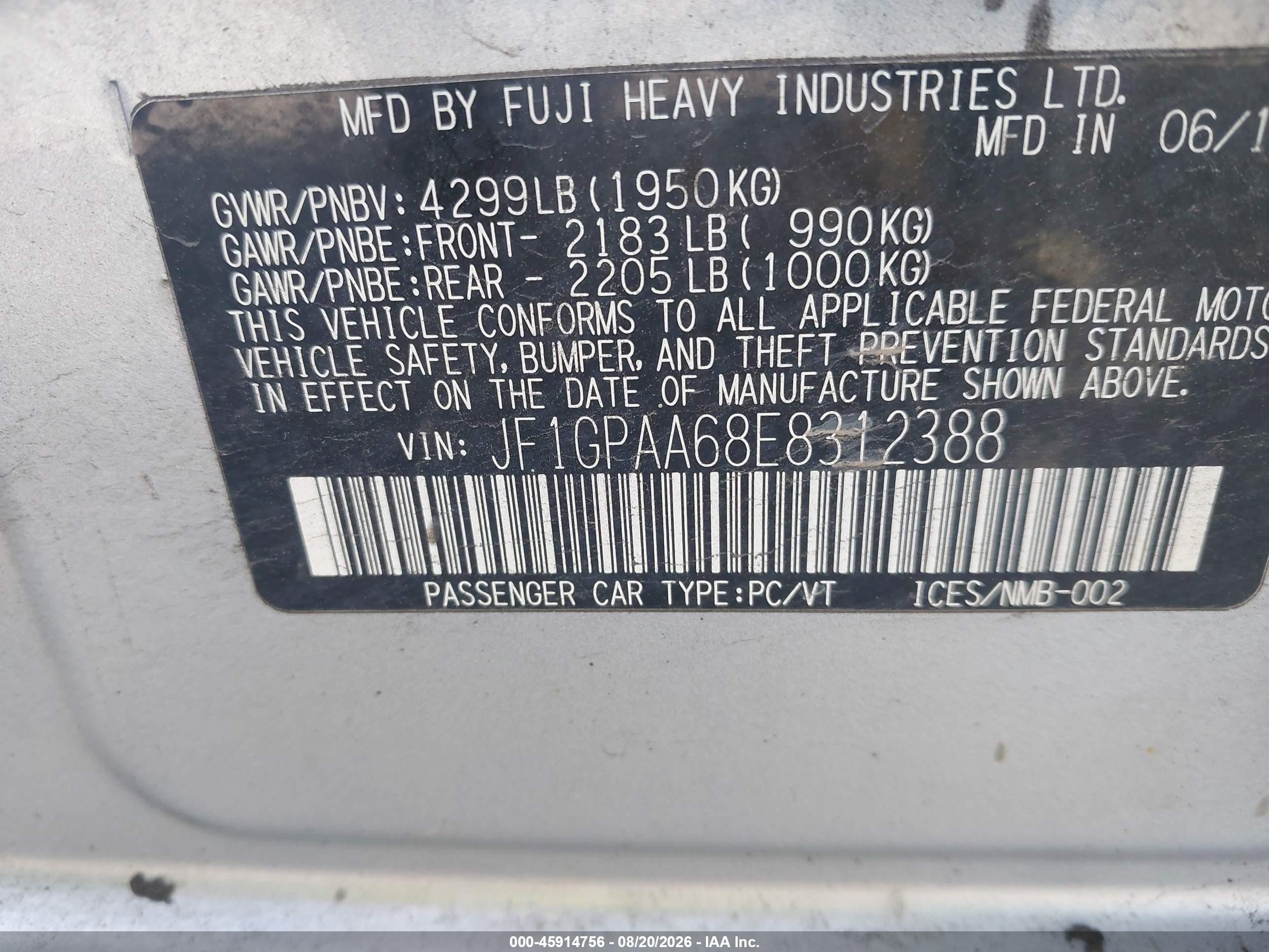 2014 Subaru Impreza 2.0i Silver vin: JF1GPAA68E8312388