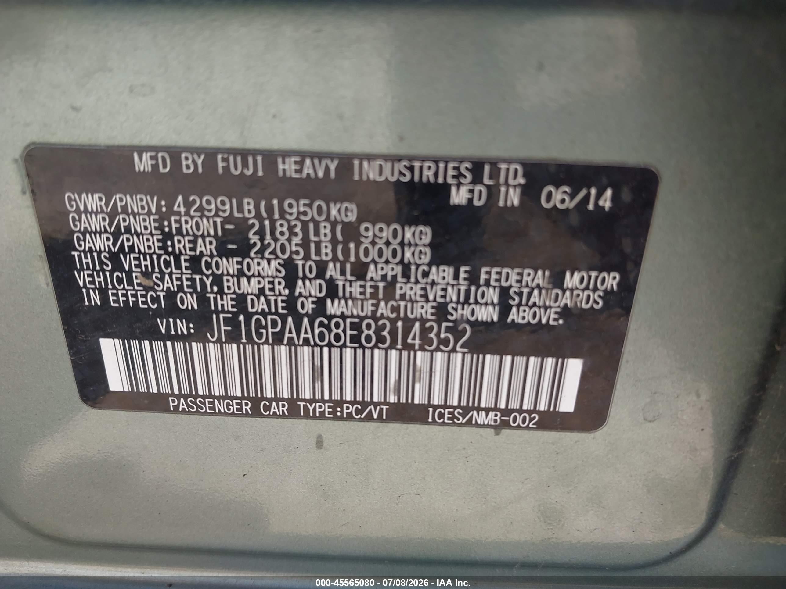 2014 Subaru Impreza 2.0i Green vin: JF1GPAA68E8314352
