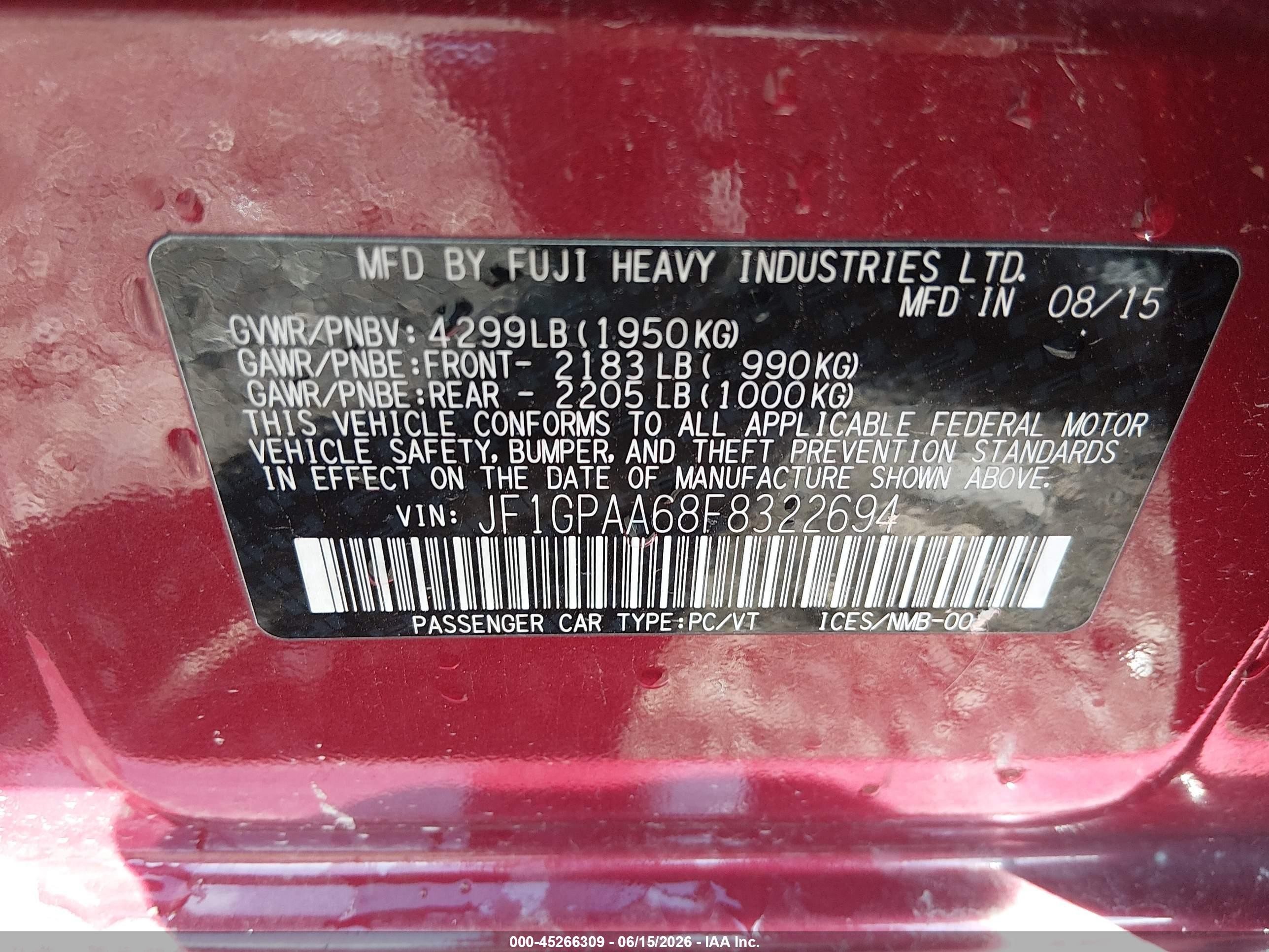 2015 Subaru Impreza 2.0i Red vin: JF1GPAA68F8322694