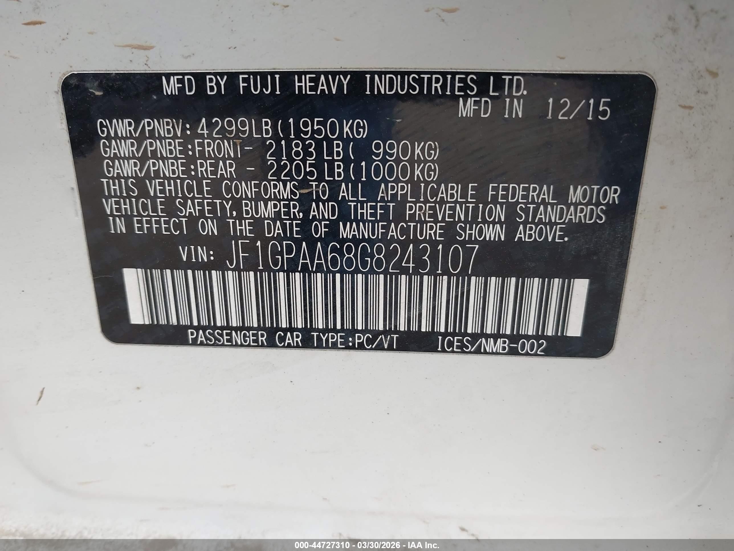 2016 Subaru Impreza 2.0i White vin: JF1GPAA68G8243107