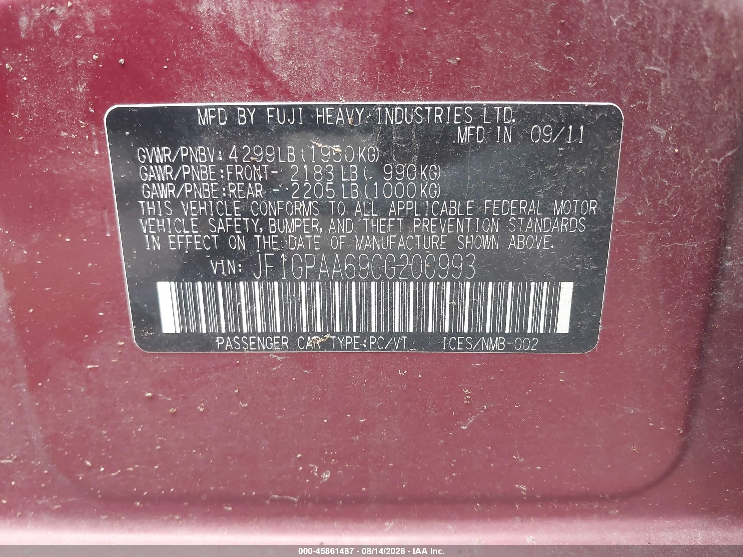 2012 Subaru Impreza 2.0i Red vin: JF1GPAA69CG200993