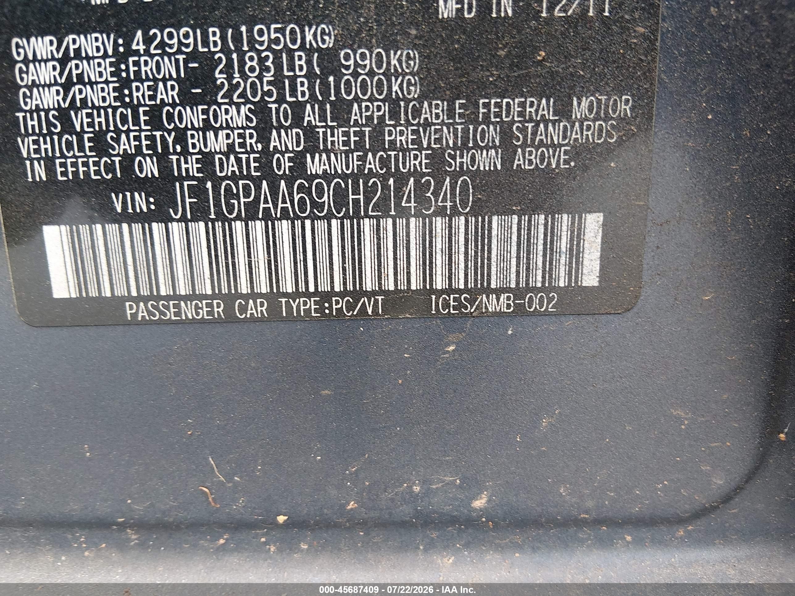 2012 Subaru Impreza 2.0i Blue vin: JF1GPAA69CH214340