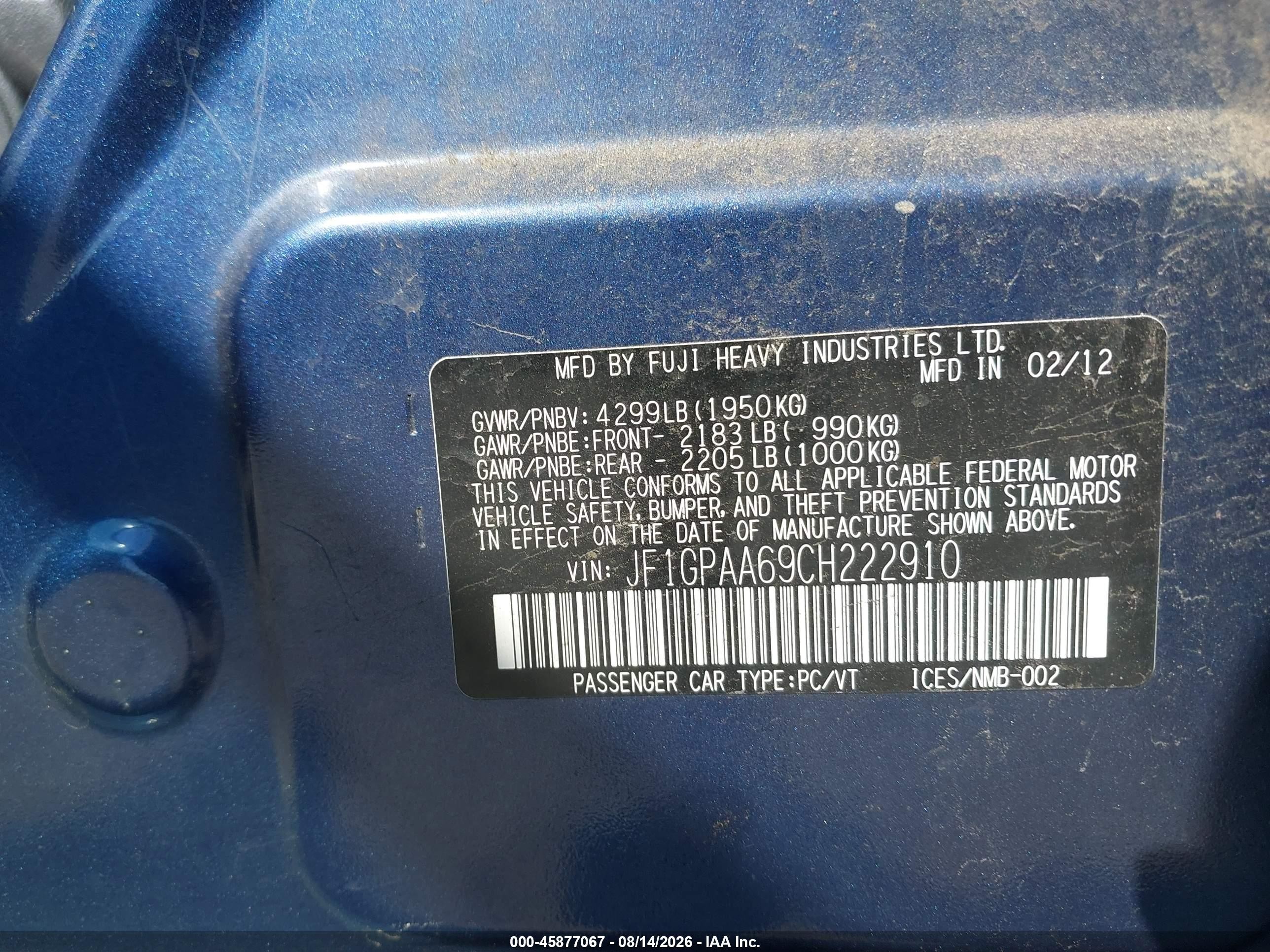 2012 Subaru Impreza 2.0i Blue vin: JF1GPAA69CH222910