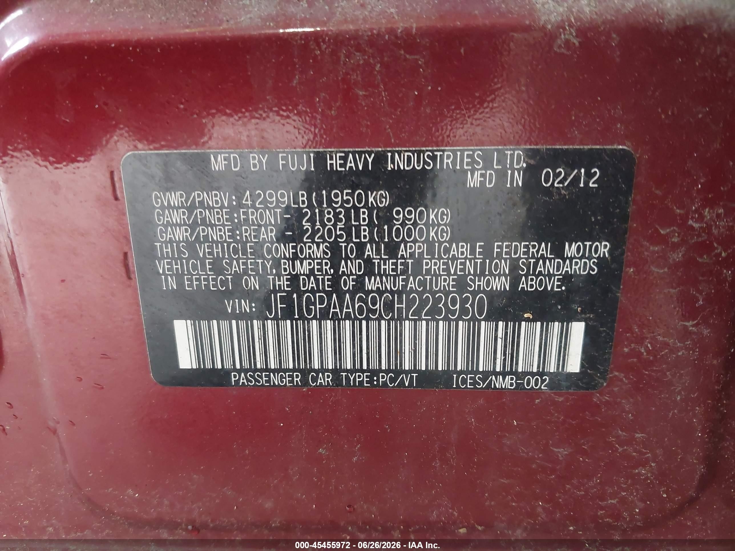 2012 Subaru Impreza 2.0i Красный vin: JF1GPAA69CH223930