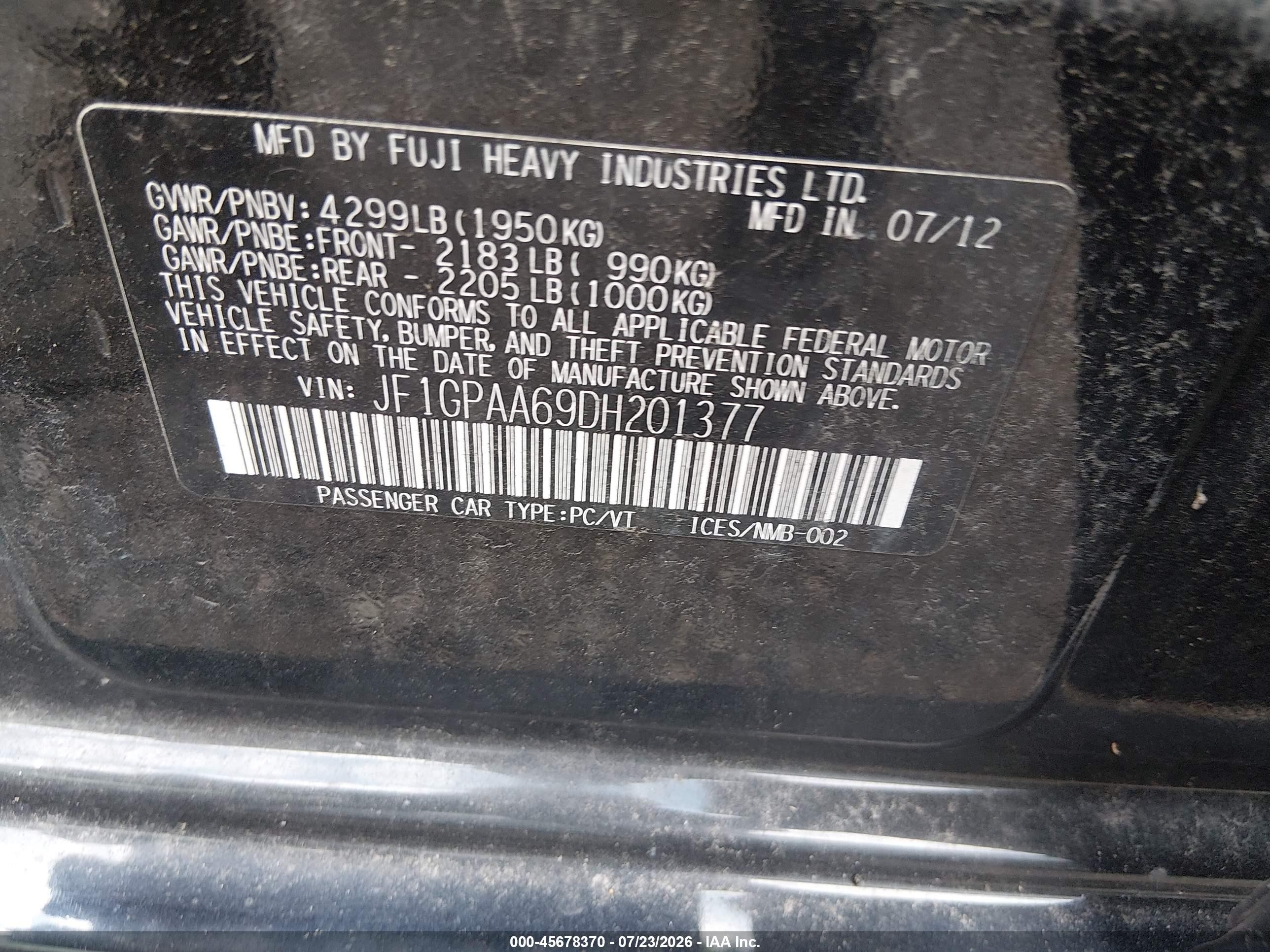 2013 Subaru Impreza 2.0i Black vin: JF1GPAA69DH201377