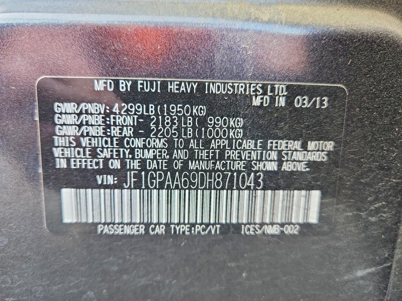 2013 Subaru Impreza Charcoal vin: JF1GPAA69DH871043
