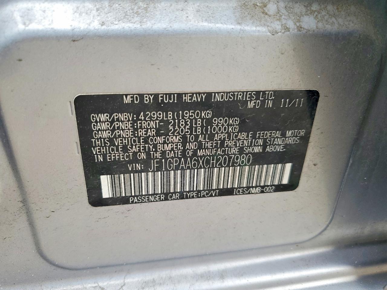 2012 Subaru Impreza Silver vin: JF1GPAA6XCH207980