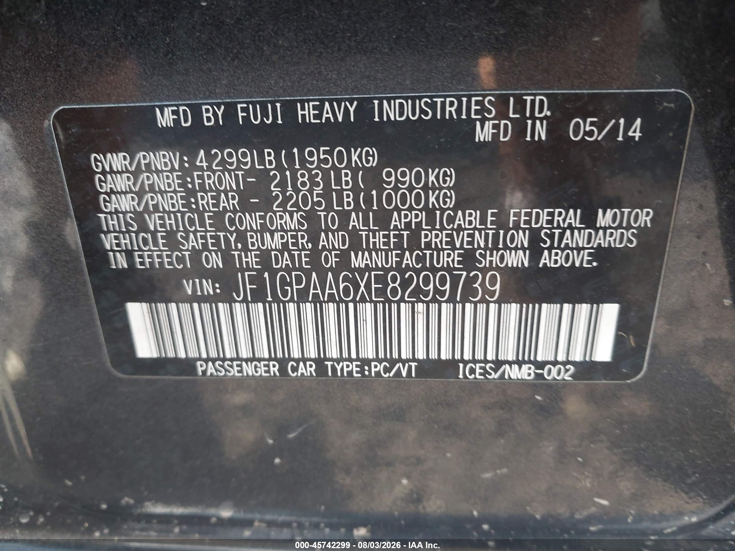 2014 Subaru Impreza 2.0i Black vin: JF1GPAA6XE8299739