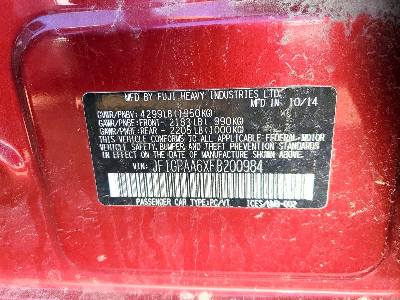 2015 Subaru Impreza Red vin: JF1GPAA6XF8200984
