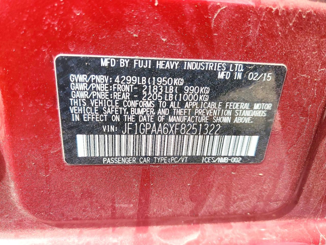 2015 Subaru Impreza Red vin: JF1GPAA6XF8251322