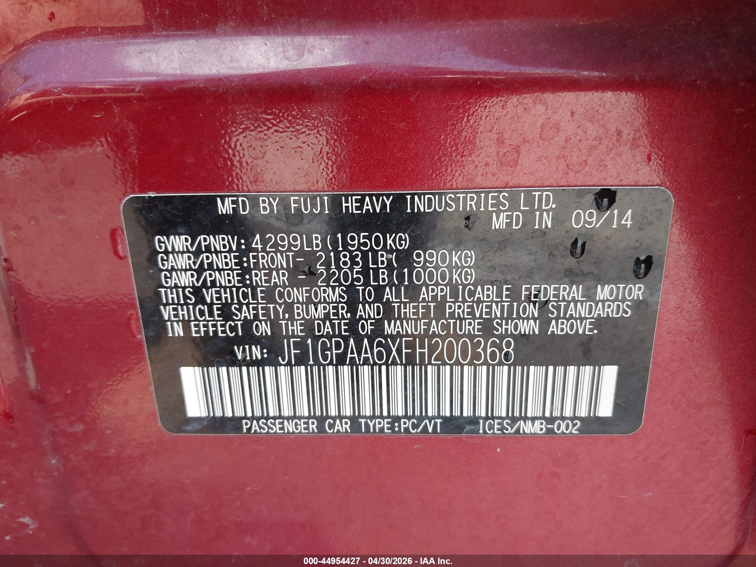 2015 Subaru Impreza 2.0i Red vin: JF1GPAA6XFH200368