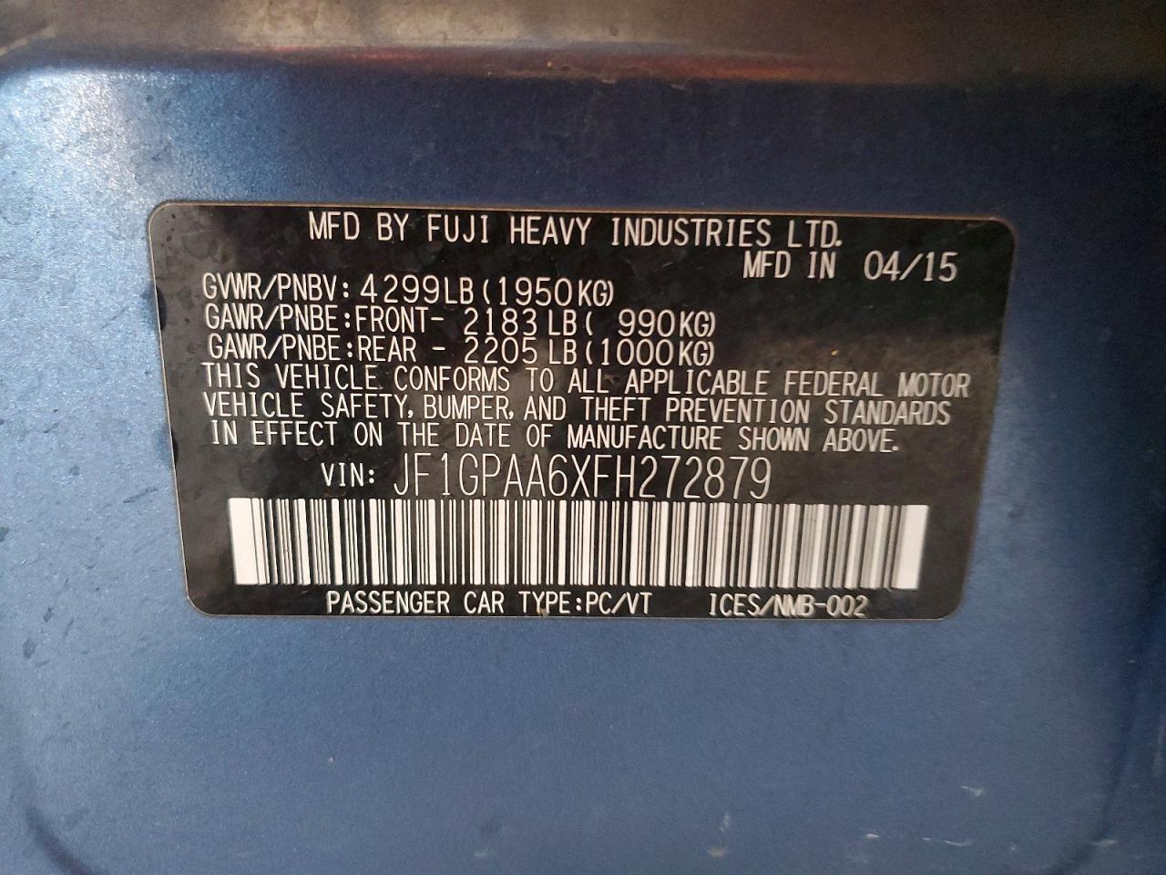 2015 Subaru Impreza Blue vin: JF1GPAA6XFH272879