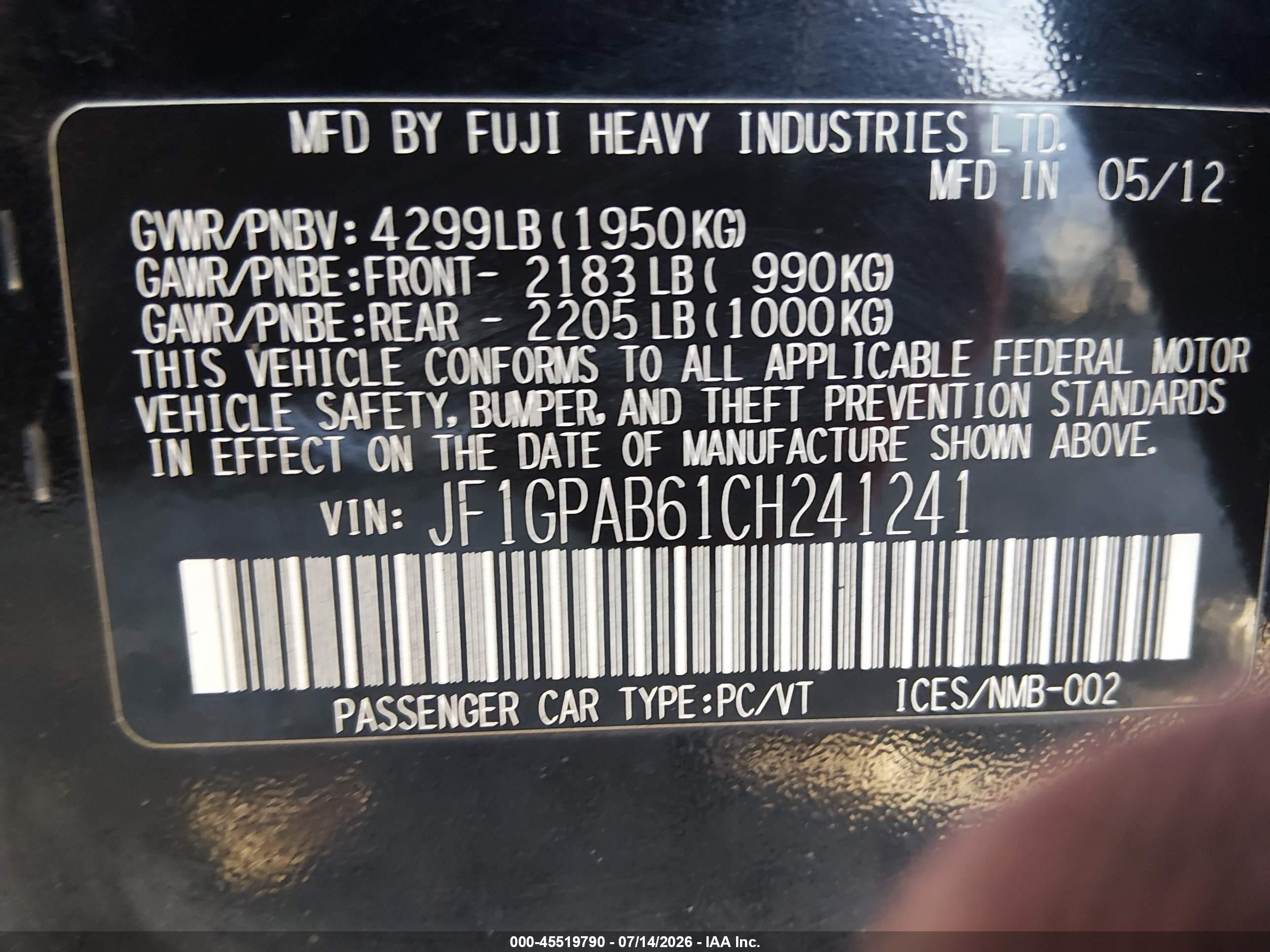 2012 Subaru Impreza 2.0i Premium Black vin: JF1GPAB61CH241241