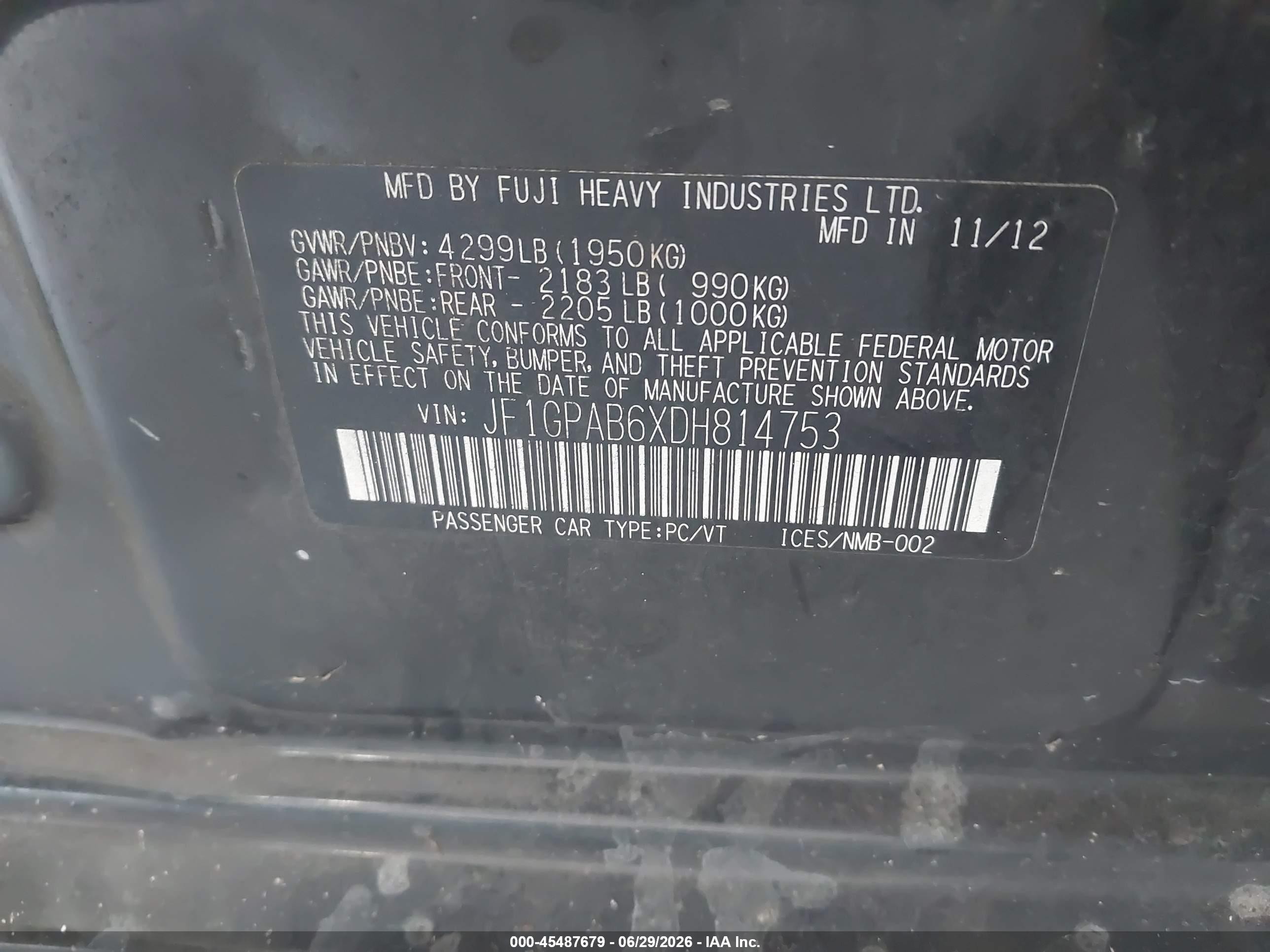 2013 Subaru Impreza 2.0i Premium Black vin: JF1GPAB6XDH814753