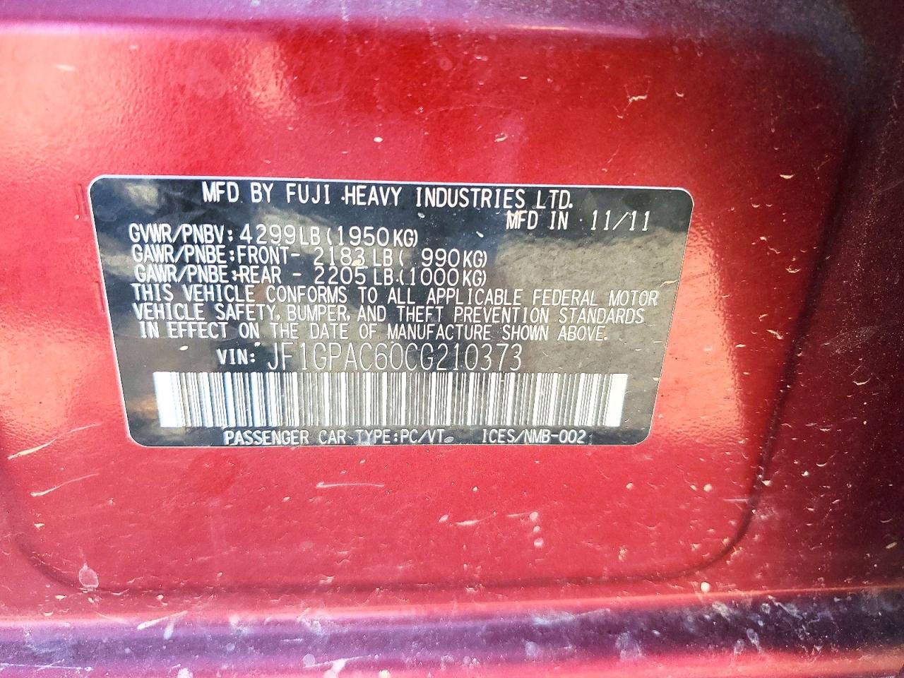 2012 Subaru Impreza Burgundy vin: JF1GPAC60CG210373