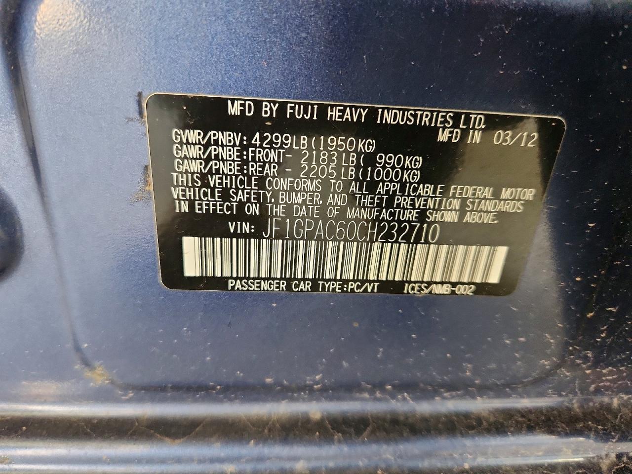 2012 Subaru Impreza Premium Blue vin: JF1GPAC60CH232710