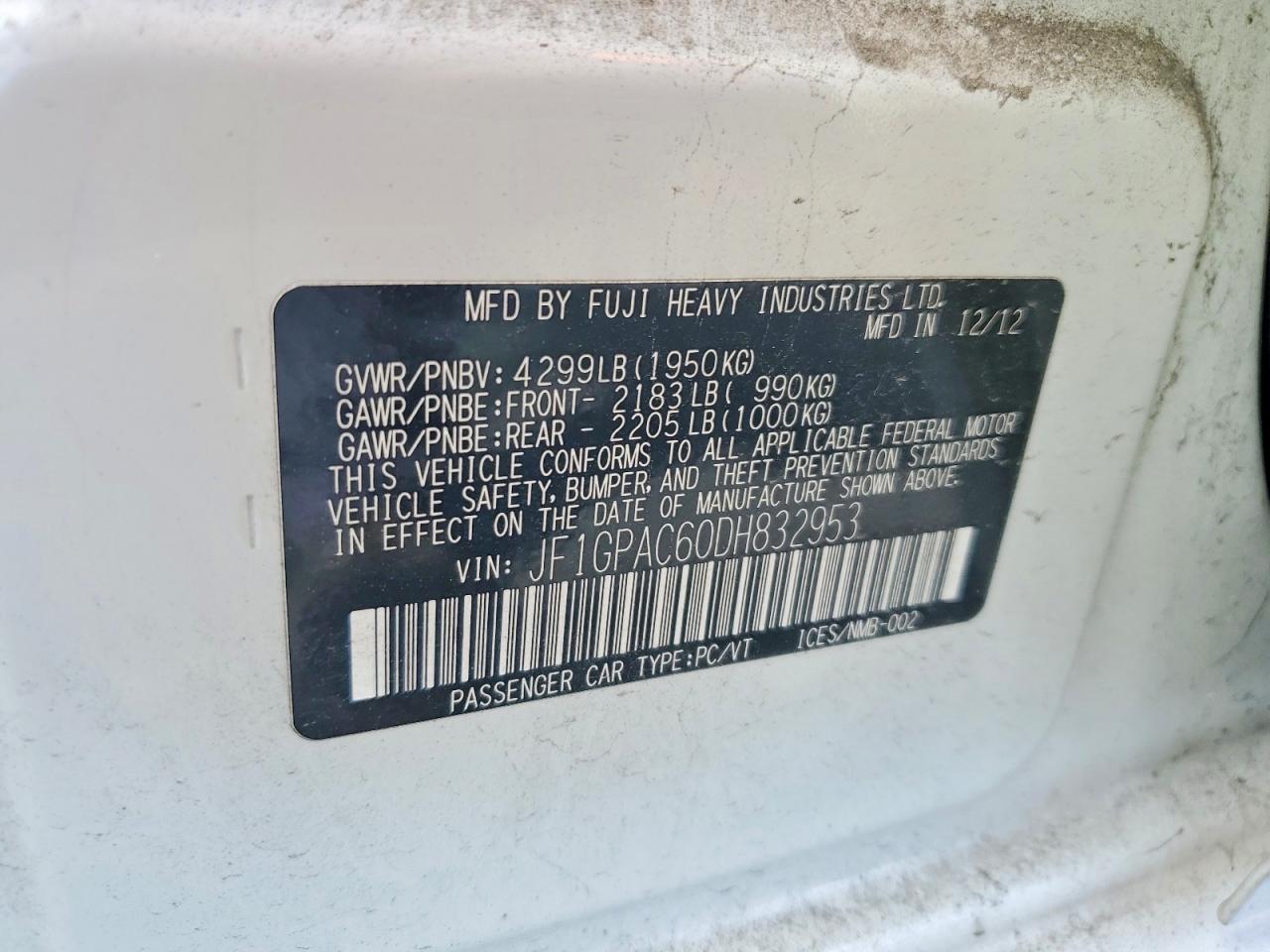 2013 Subaru Impreza Premium White vin: JF1GPAC60DH832953
