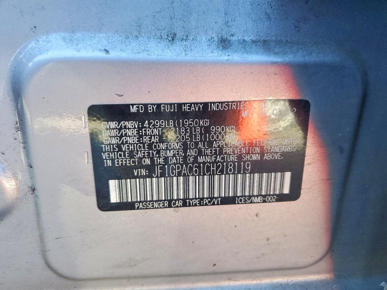 2012 Subaru Impreza Premium Silver vin: JF1GPAC61CH218119