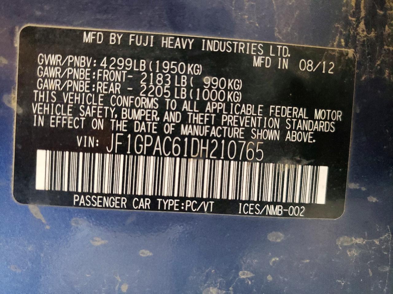 2013 Subaru Impreza 2.0 I Awd Blue vin: JF1GPAC61DH210765