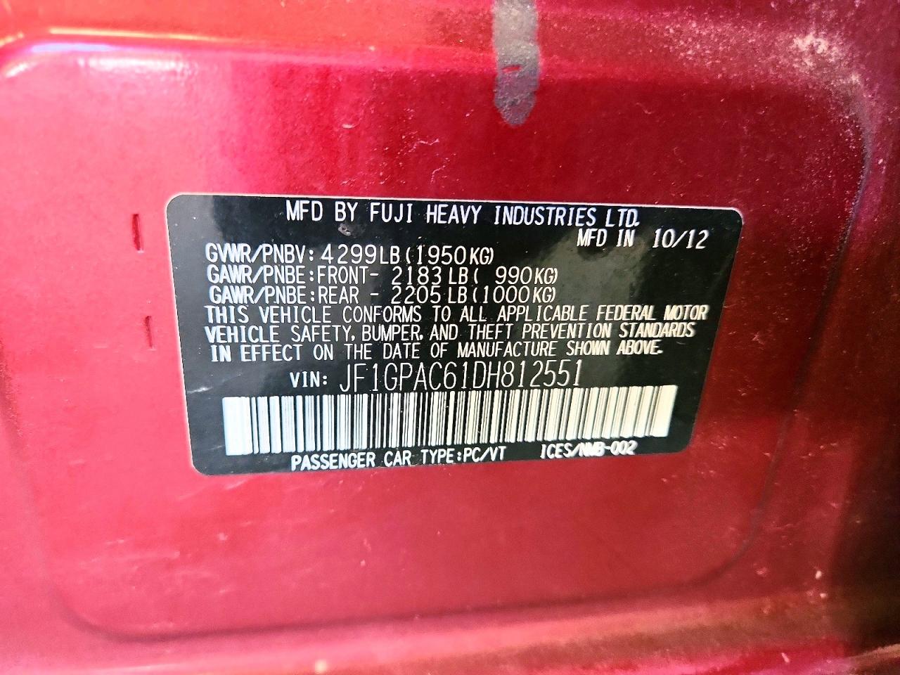 2013 Subaru Impreza Premium Red vin: JF1GPAC61DH812551